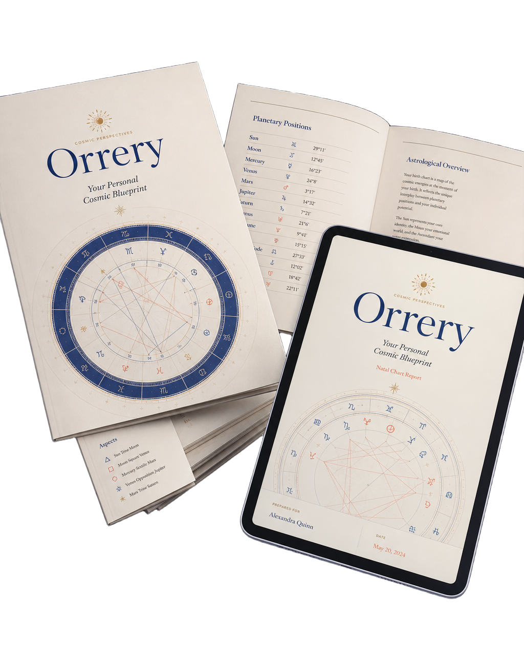 Orrery PDF report: printed birth chart workbook pages and a tablet showing the personalized report cover
